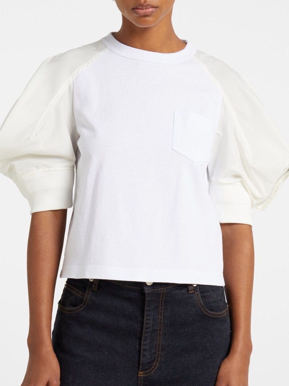 SACAI White Cotton Jersey Short Puff Sleeve Tee Size 1/S Gorpcore Edgy